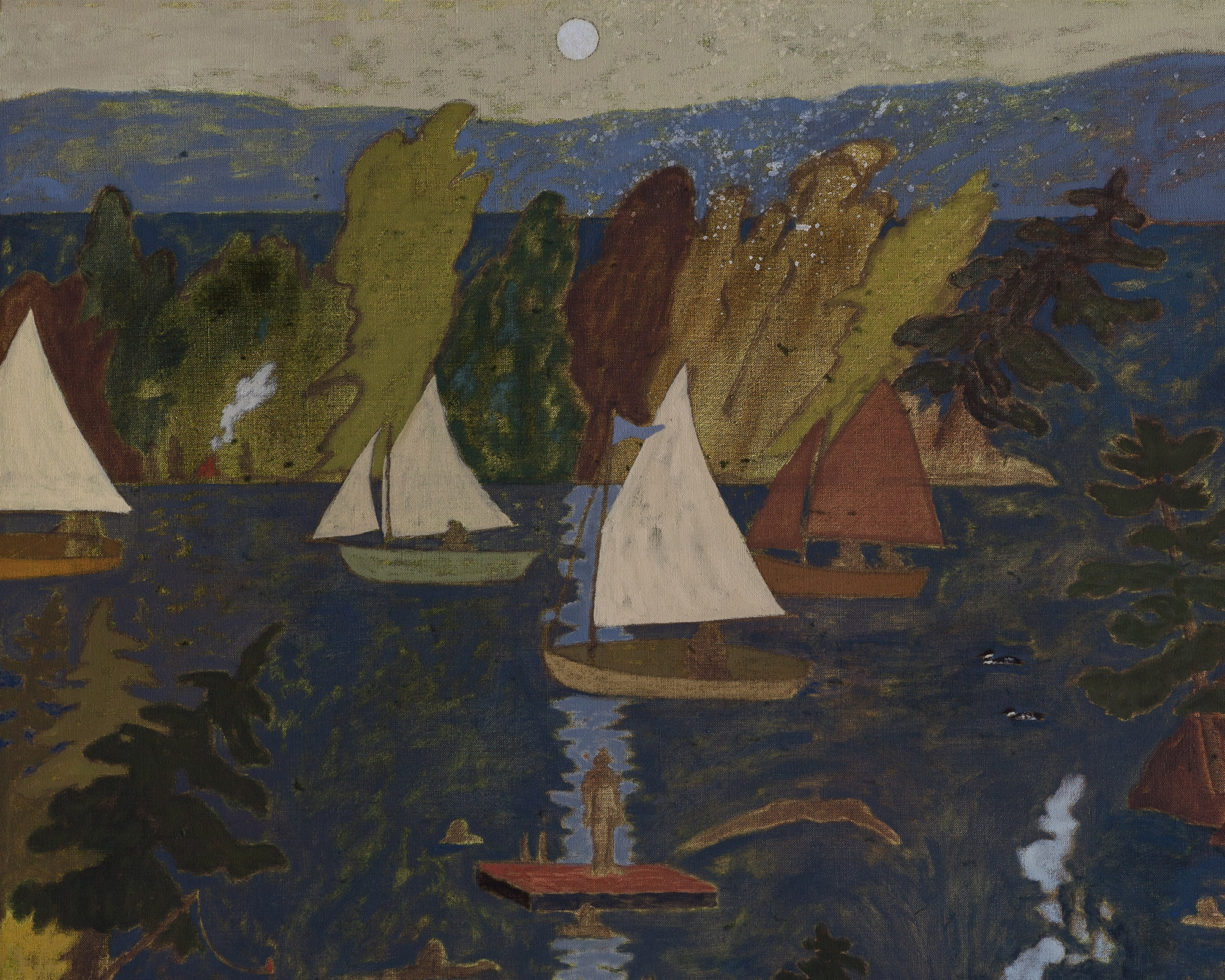 A detail of a painting showing a lakeside summer cottage with boats and swimmers.