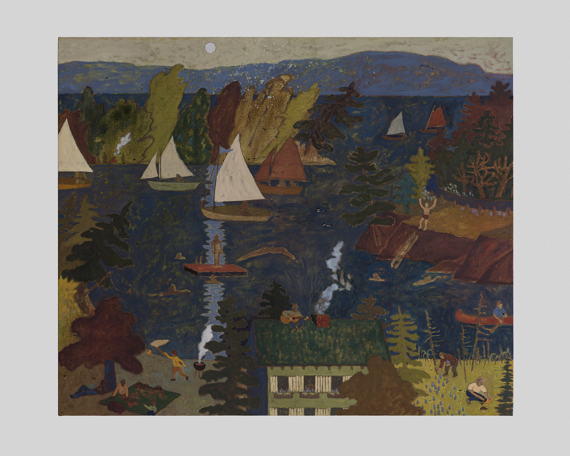 A painting showing a lakeside summer cottage with boats and swimmers.